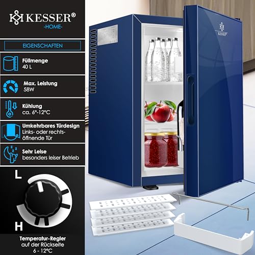 KESSER® Réfrigérateur mini silencieux 22 dB, 40 L pour chambre à coucher, façade en verre et éclairage intérieur
