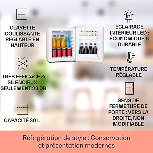KLARSTEIN Mini Frigo de 30L Silencieux pour Snacks Camping, Réfrigérateur 5-15°C avec Étagères Réglables, Petit Bar à Bo