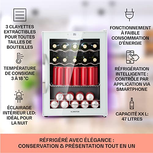Réfrigérateur KLARSTEIN Mini Frigo à Bière Blanc Contrôle IoT/Espace Intérieur 3-18°C Etagères Amovibles