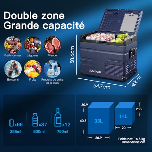 Glaciere Electrique AOBOSI Double Zone 46L pour Camion et Bateau -20℃ à 20℃|Réfrigérateur de Voiture|Camper Electrique
