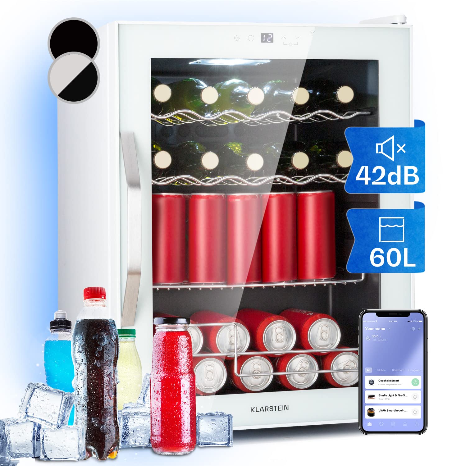 Réfrigérateur KLARSTEIN Mini Frigo à Bière Blanc Contrôle IoT/Espace Intérieur 3-18°C Etagères Amovibles
