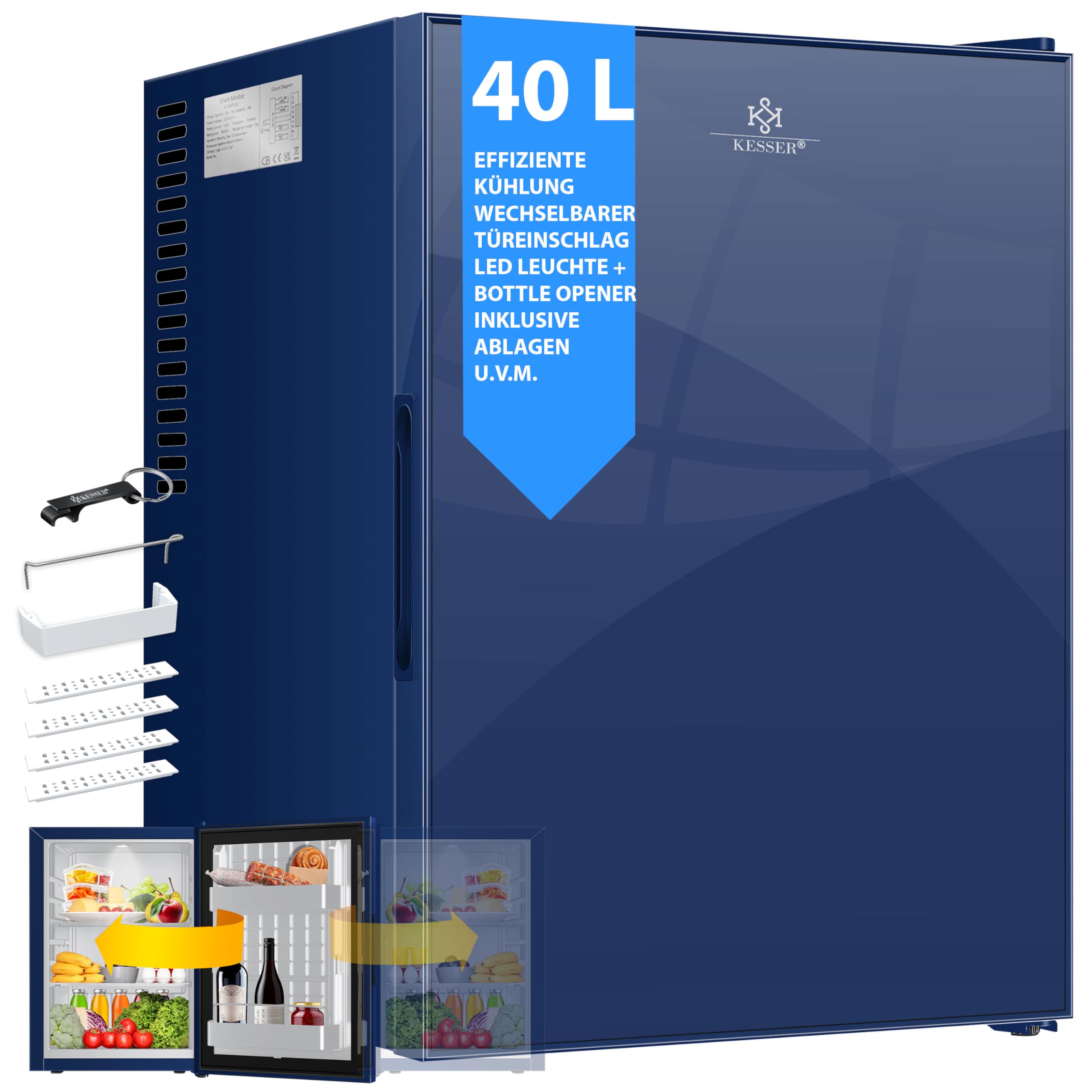 KESSER® Réfrigérateur mini silencieux 22 dB, 40 L pour chambre à coucher, façade en verre et éclairage intérieur