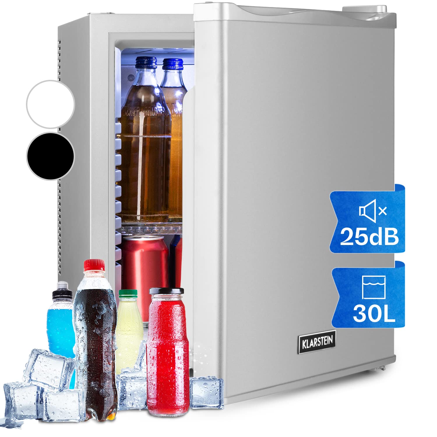 KLARSTEIN Mini Frigo de 30L Silencieux pour Snacks Camping, Réfrigérateur 5-15°C avec Étagères Réglables, Petit Bar à Bo